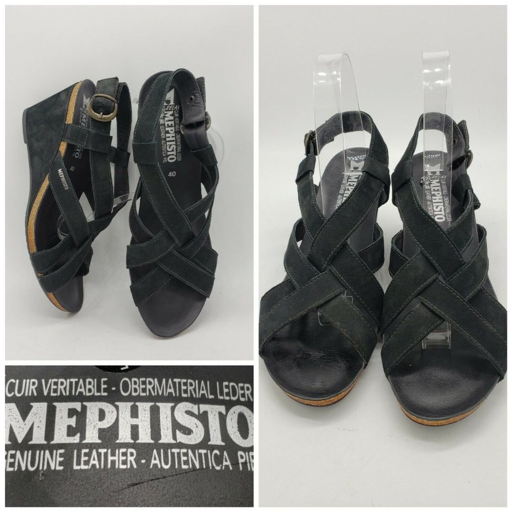 Mephisto Women's Black Leather Sandals  Patent Sli